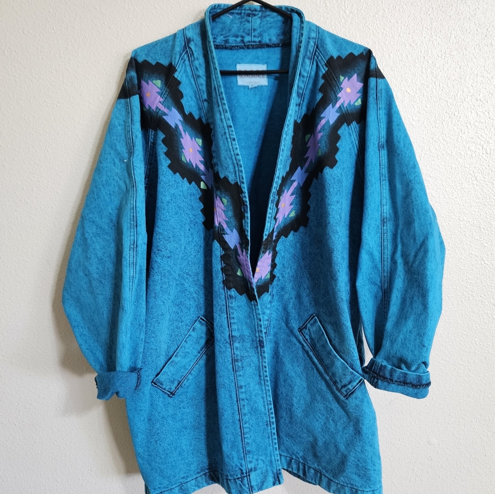 Sundance Vintage Rare Vibrant Blue Jean Jacket with Purple Pattern